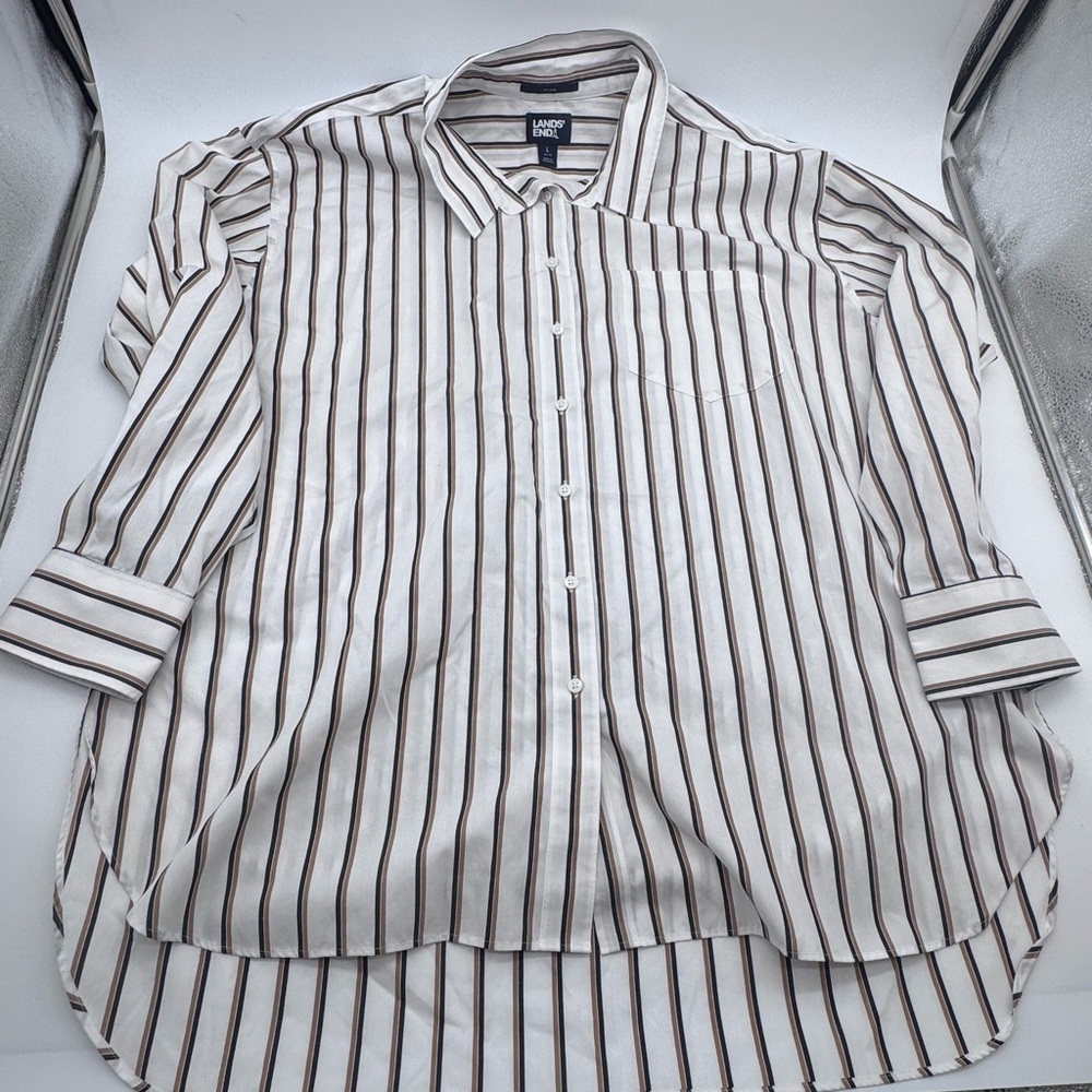 Lands' End No Iron White With Navy/Tan Striped Button Down‎ Shirt, Size Large - Picture 3 of 13